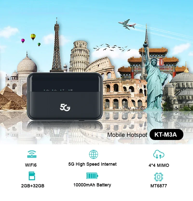 5G Wireless mobile hotspot  SA/NSA Pocket WIFI 5G NR 2.77G +WIFI6 2.4/5.8G 10000mAh for travel business