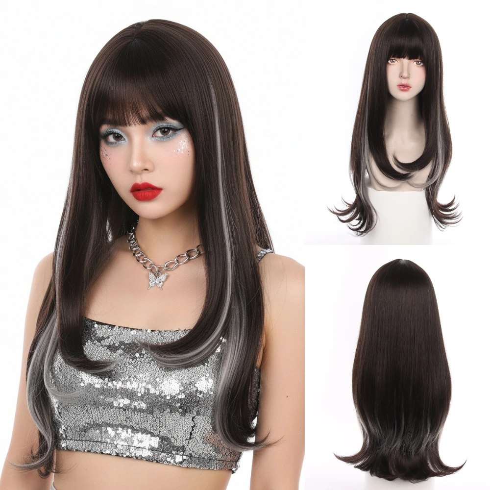 المرأة مقاومة للحرارة طويلة مستقيمة لوليتا نمط أسود أومبير رمادي شعر مستعار مع بانج الاصطناعية للاستخدام اليومي للحفلات التنكرية