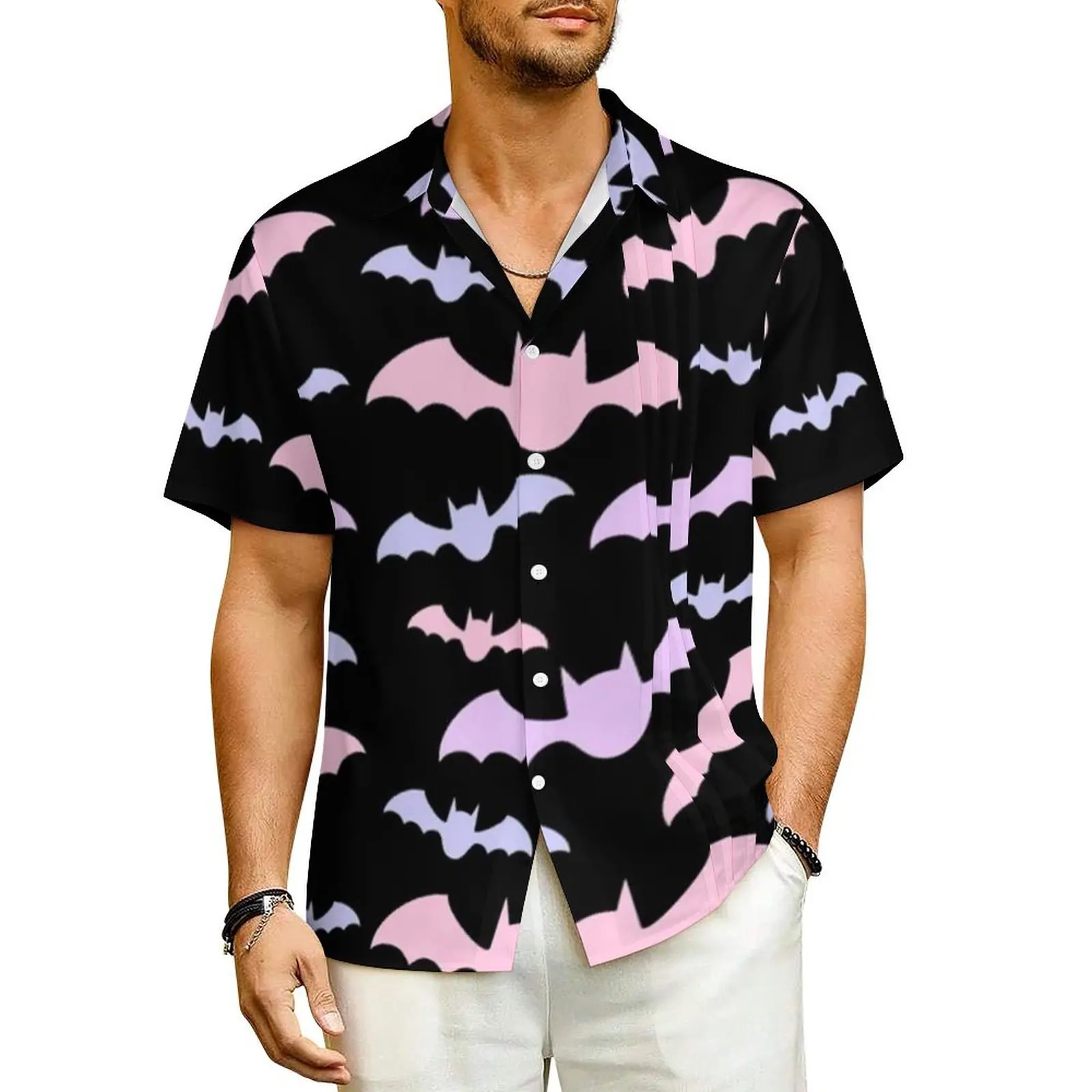 

Pastel Bat Print Beach Shirt Spooky Aesthetic Hawaii Casual Shirts Mens Vintage Blouses Short Sleeve Street Style Design Tops