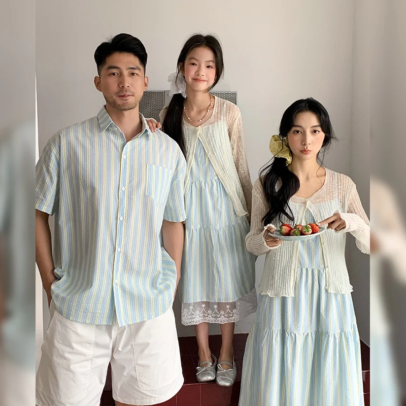 1-12 Year Girl Boy Brother Sister Short Sleeve Striped Shirt Sibling Lovers S-3XL Mom Dad Family Matching Outfits Summer Dress