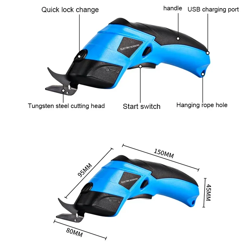 USB 충전식 무선 전기 가위, 원단 판지 카펫 가죽 칼날용, 강력한 가위 절단 도구, 3.6V, 2000mah