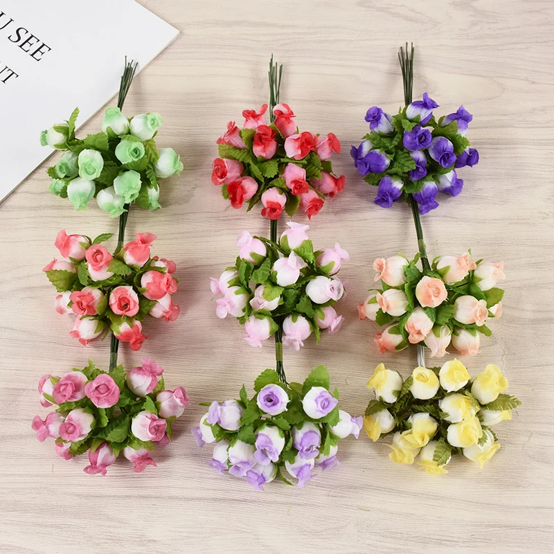 144/72pcs Mini Artificial Rose Flowers Bouquet Silk Fake Flowers Wedding Home Decoration Craft DIY Wreath Scrapbook Accessories