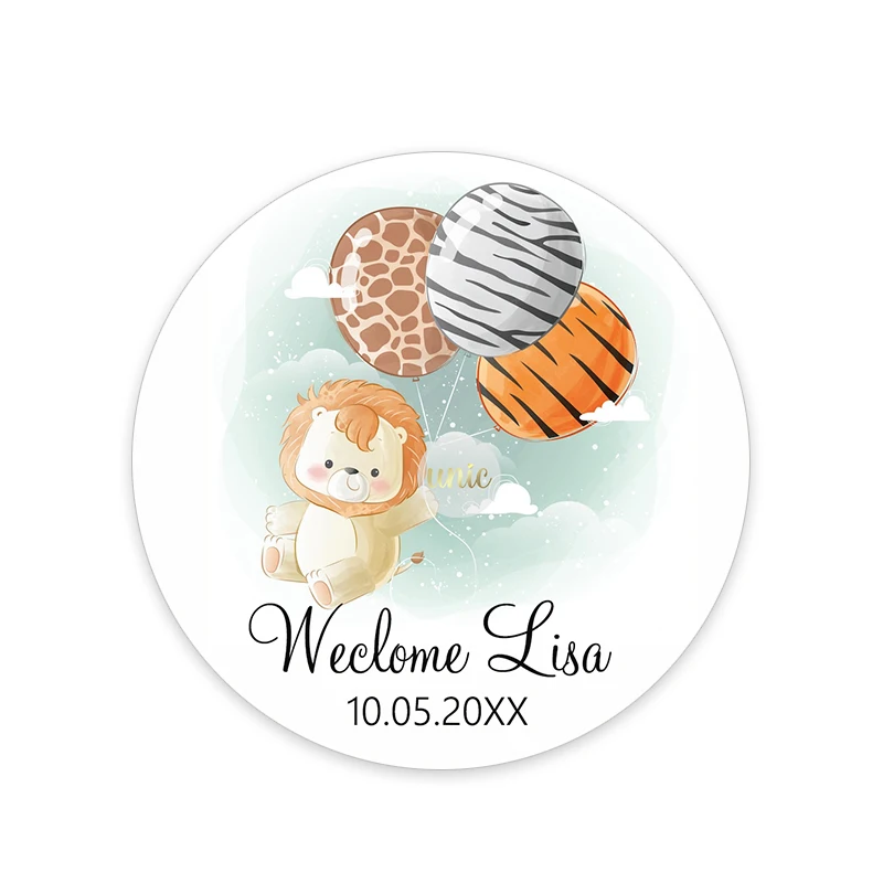 Custom Welcome Baby Hot Air Balloon Animals Birthday Party Labels Favors Round Sticker Baby Shower Personalise Travel Sticker
