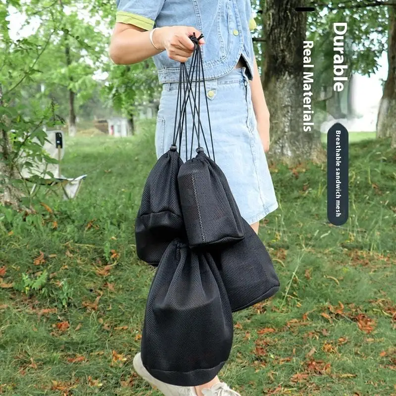 Outdoor Camping Storage Protective Bags Portable Picnic Cookware Mesh Bag Drawstring Pocket BBQ Water Cups Tableware Organizer