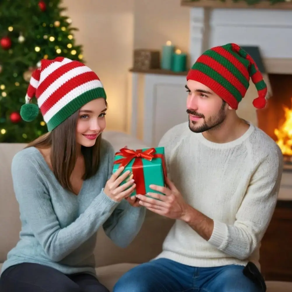 Santa Hat Red White Green Striped Print Knitted Christmas Hat With Plush Ball Decor Holiday Accessory 크리스마스 모자