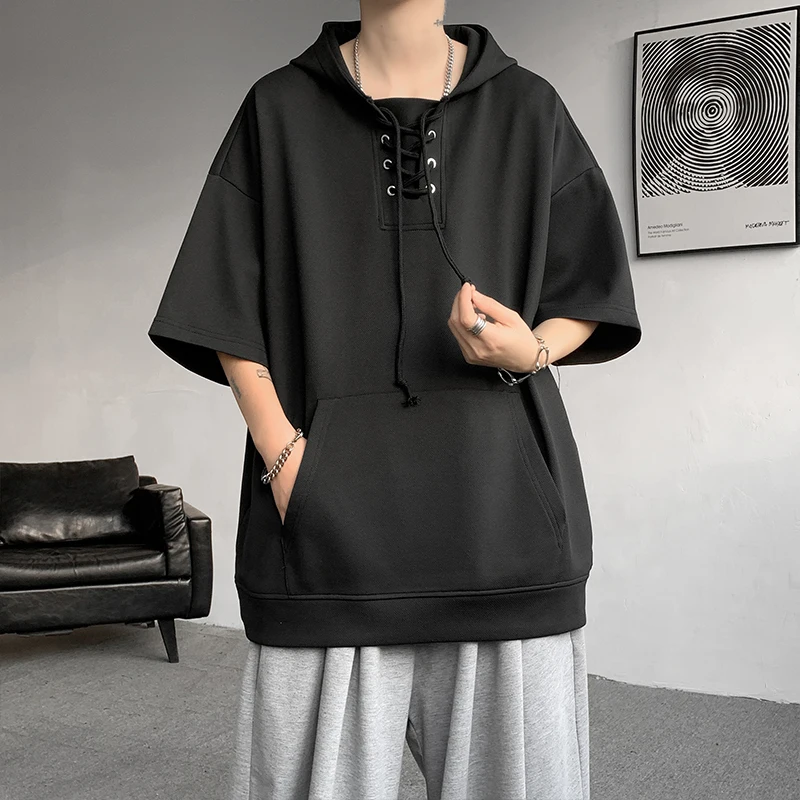 

Summer Hooded T-Shirts Men Solid Short Sleeve Loose Streetwear Tees Male Vintage Casual Sports Tshirt Hooded Neck Tops Plus Size
