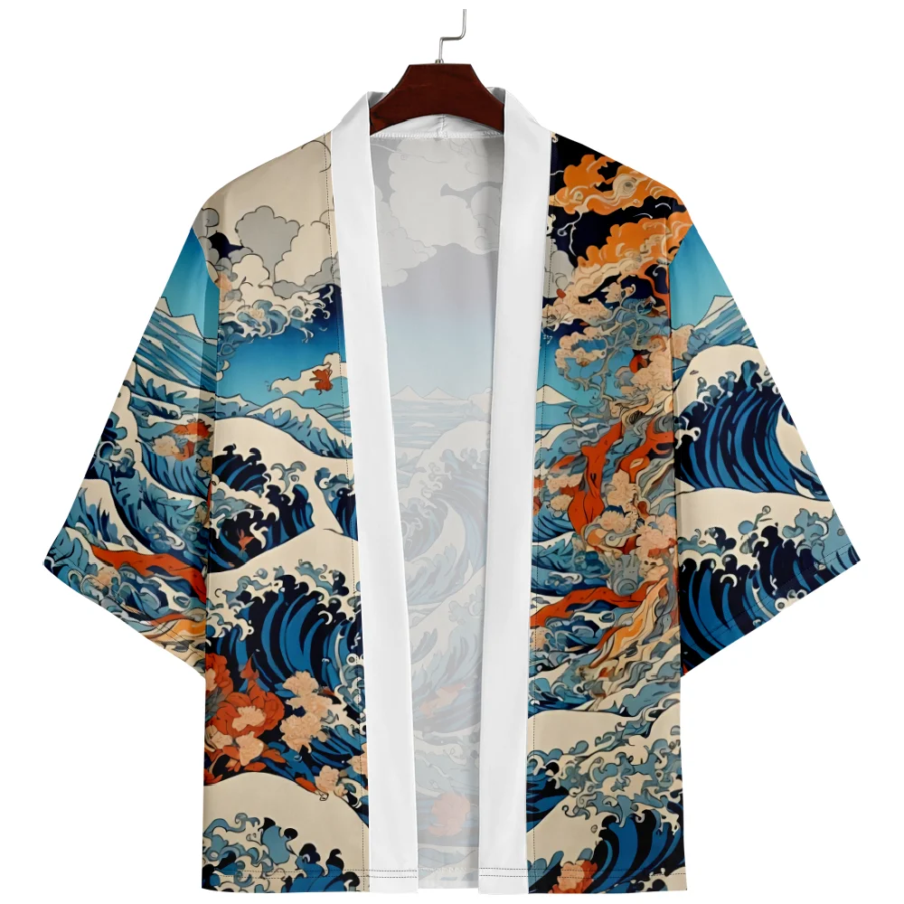 

Fashion Waves Print Japanese Kimono Beach Women Cardigan Yukata Traditional Men Cosplay Haori Asian Clothing