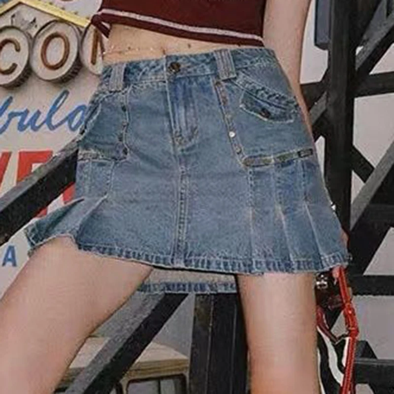 Old denim pleated skirt for women summer rivet high waisted A-line half length skirt with buttocks and pants skirt