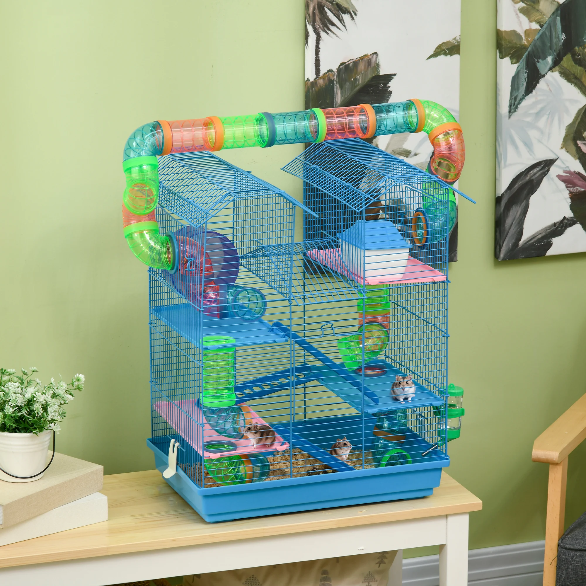 Pawut Kooi voor Hamster Muis kleine knaagdieren met tunnel voerdispenser loopwiel accessoires Spel 47x30x59 cm blauw