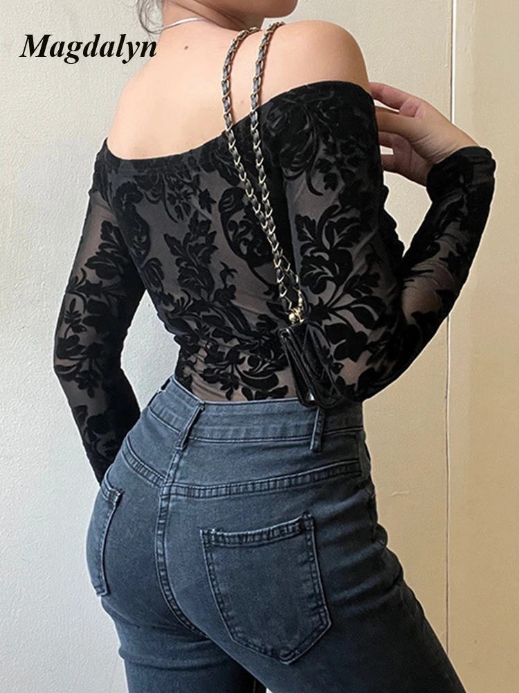 Magdalyn Luxury Elegant Women\'s Overalls Black Floral Print Lace Combination Female Jumpsuit Off Shoulder Sexy Hot Party Rompers