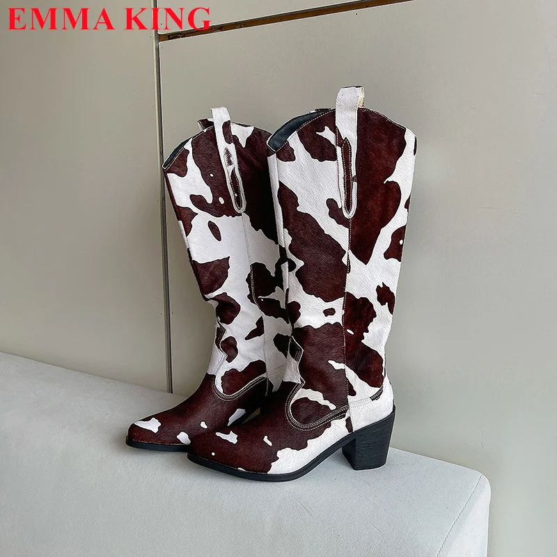 2024 Zebra Pattern Knee High Boots Women Horse Hair Knight Boots Thick Heel Shoes Winter Autumn Pointed Toe Long Womens Boots