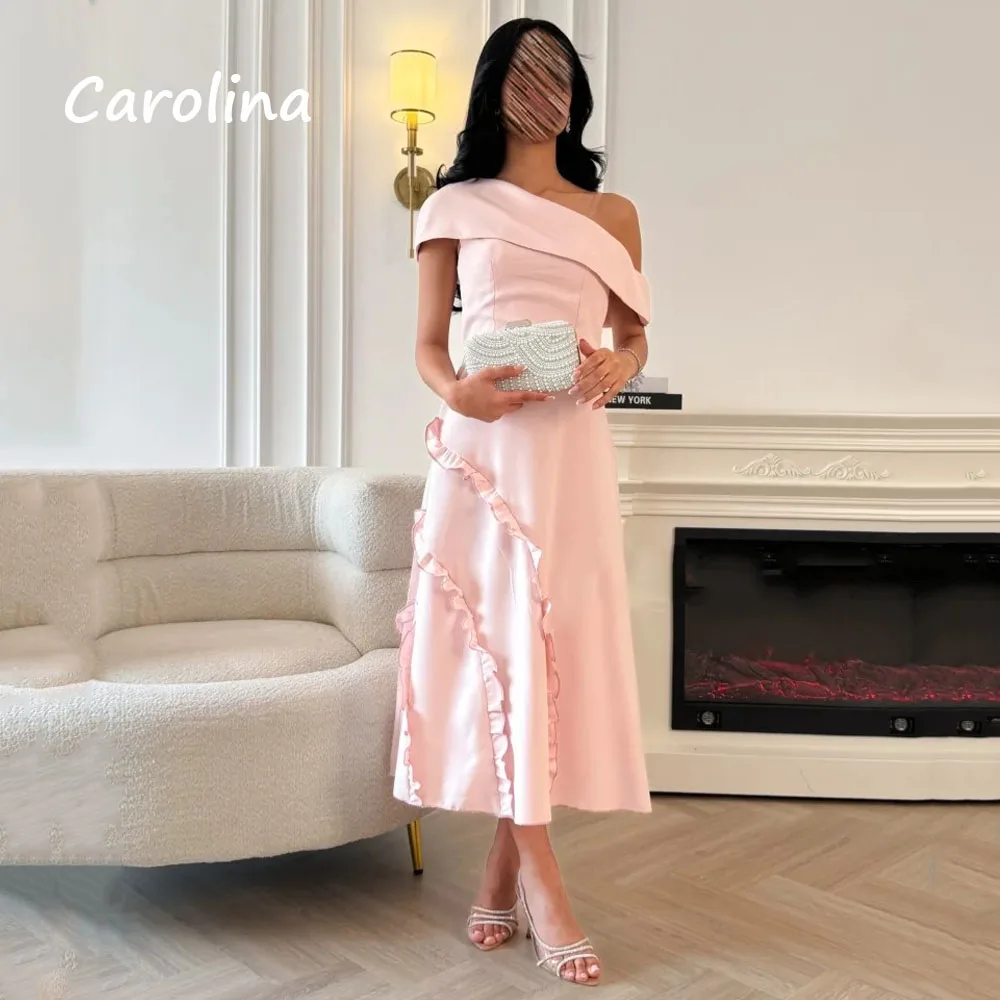 

Carolina Pink Simple Off The Shoulder Pleat A-LINE Formal Evening Dress Saudi Arabia 2024 Slim Crepe Ankle-Length Prom Dress