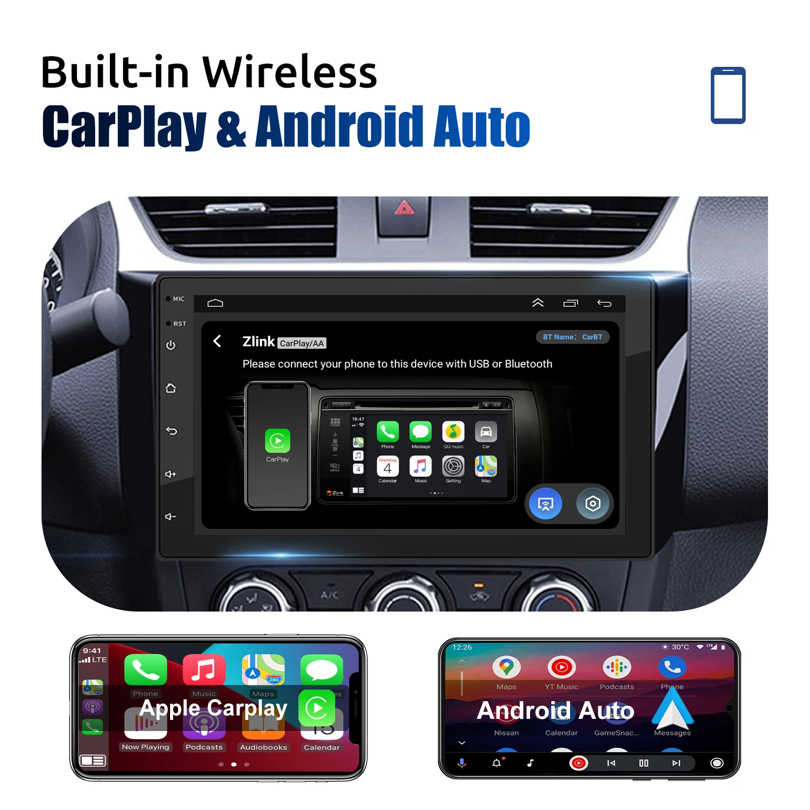 MOPECT 7 Zoll Universal Auto-Stereoanlage Doppel-DIN Android 15 CarPlay 4+64G GPS-Navigation Touchscreen Bluetooth AM/FM SWC+DAB&AHD – Detail 5