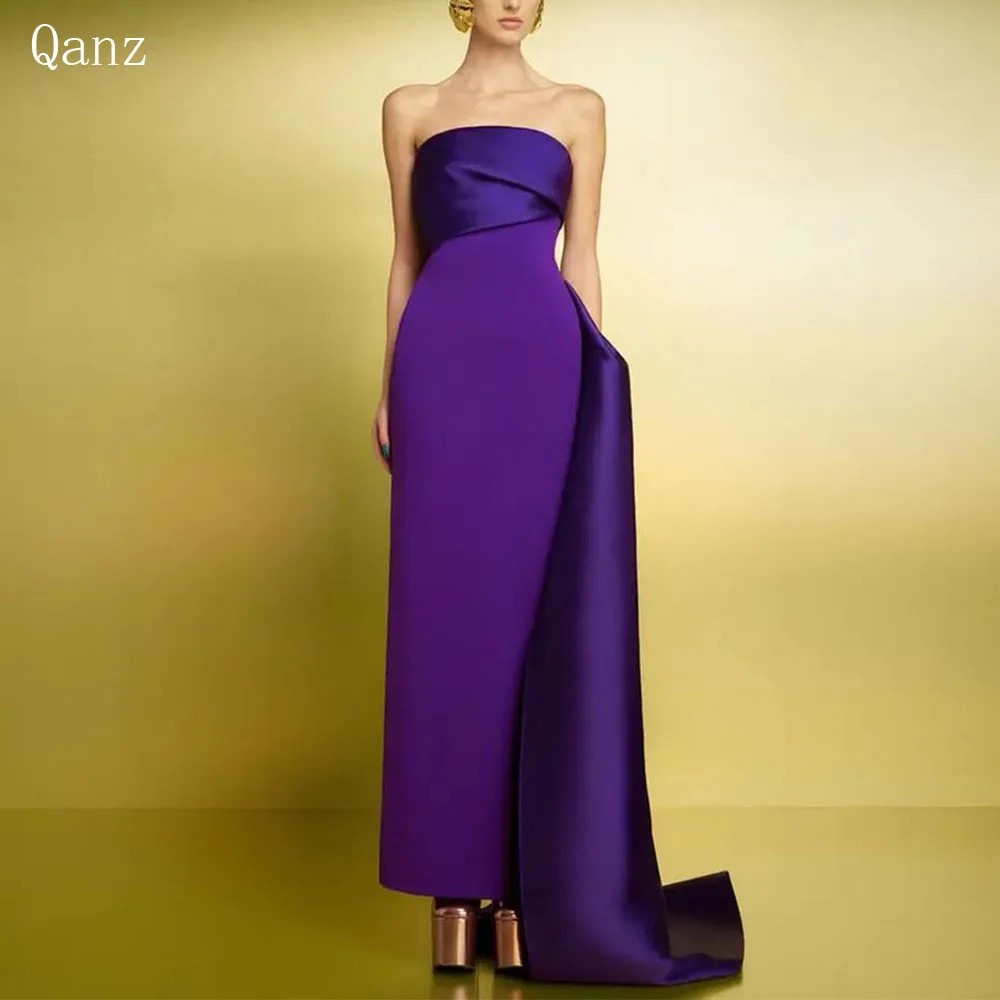 Qanz-Vestidos de Noche de sirena de Dubái para mujer, vestidos de graduación largos, formales, Vintage, sin tirantes, drapeados, con abertura trasera en el tren