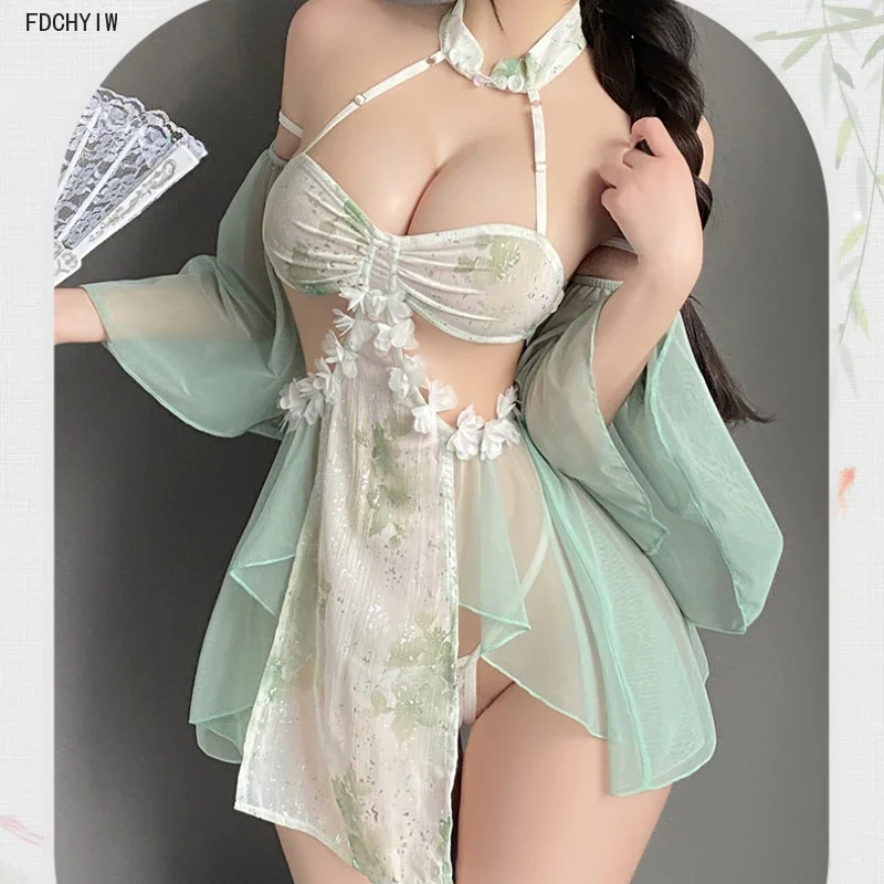 

Сексуальная юбка Cheongsam с разрезом, прозрачный женский порно комплект Hanfu, традиционное китайское улучшение платья, экзотический очаровательный костюм, зеленый, 2025new