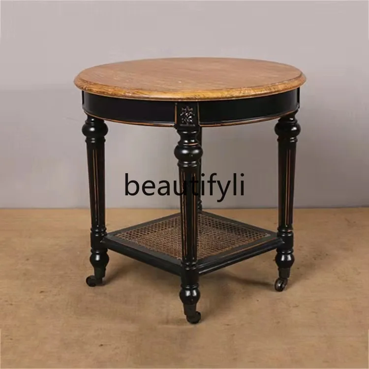

American Style Solid Wood Round Coffee Table Simple Small Apartment Living Room Coffee Table French Oak Vintage Distressed