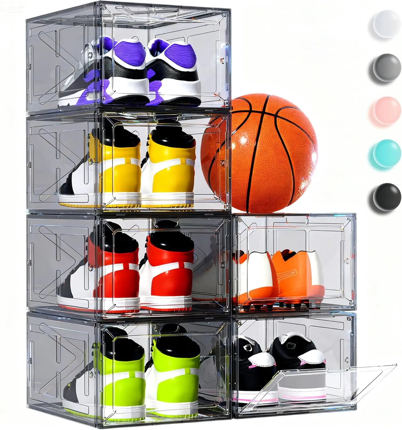 

6 Pack Large Drop-Front Clear Shoe Boxes, Stackable Sneaker Storage for Closet, Fits US Size 13+, Magnetic Door