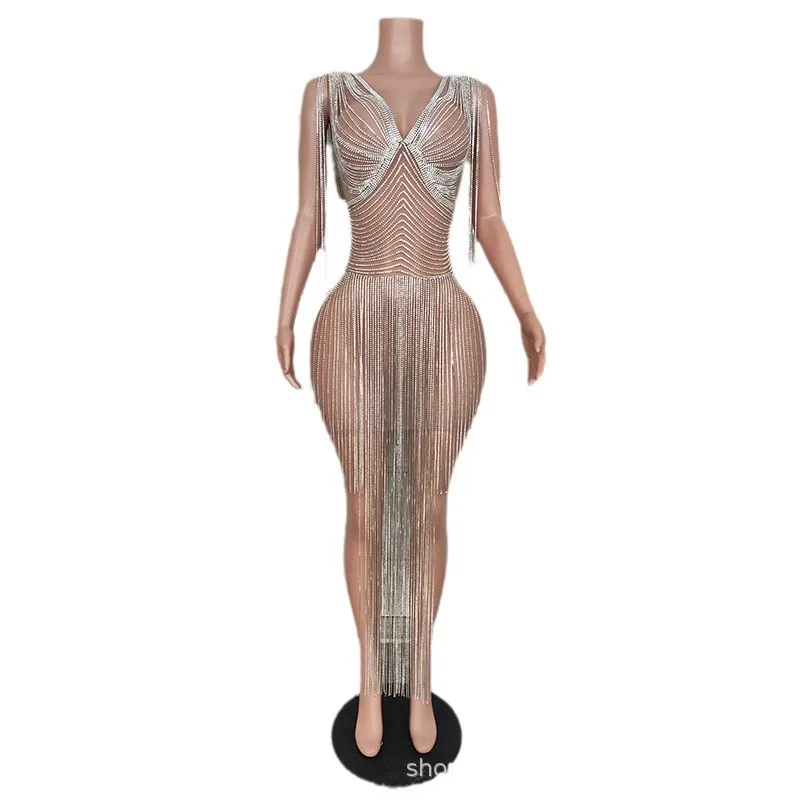 

Сексуальное платье телесного цвета с серебряной цепочкой и искусственным мясом, элитное платье, женский барный костюм, вечернее легкое роскошное платье, Vestidos Largos Elegantes Fiesta Mujer