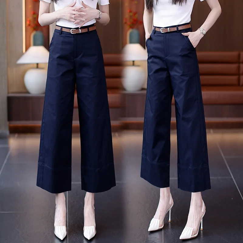 سراويل نسائية قطنية صيفية متعددة الاستخدامات فضفاضة ثنيات مستقيمة الساق سراويل غير رسمية تسع نقاط