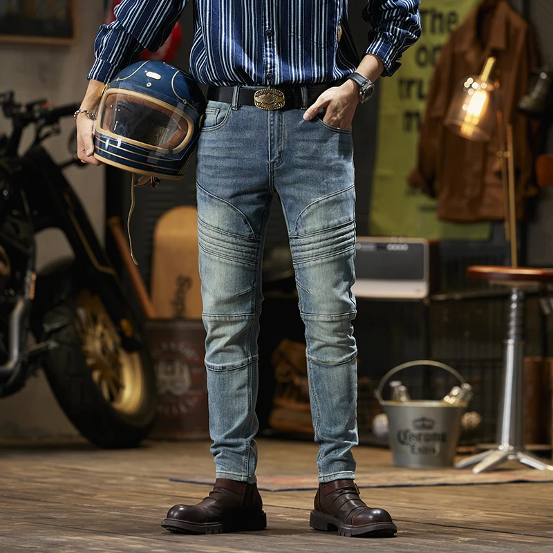 Retro Blue Jeans Men's Motorcycle Style Tight Handsome Stretch Casual Versatile Washed Stitching Skinny Trousers