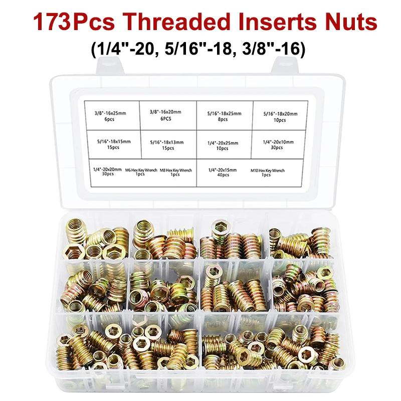 

SAE Wood Nut Inserts Assortment Kit, Hex Drive, Carbon Steel, Zinc Plated, Threaded Inserts for Wood Furniture Screw, 173Pcs