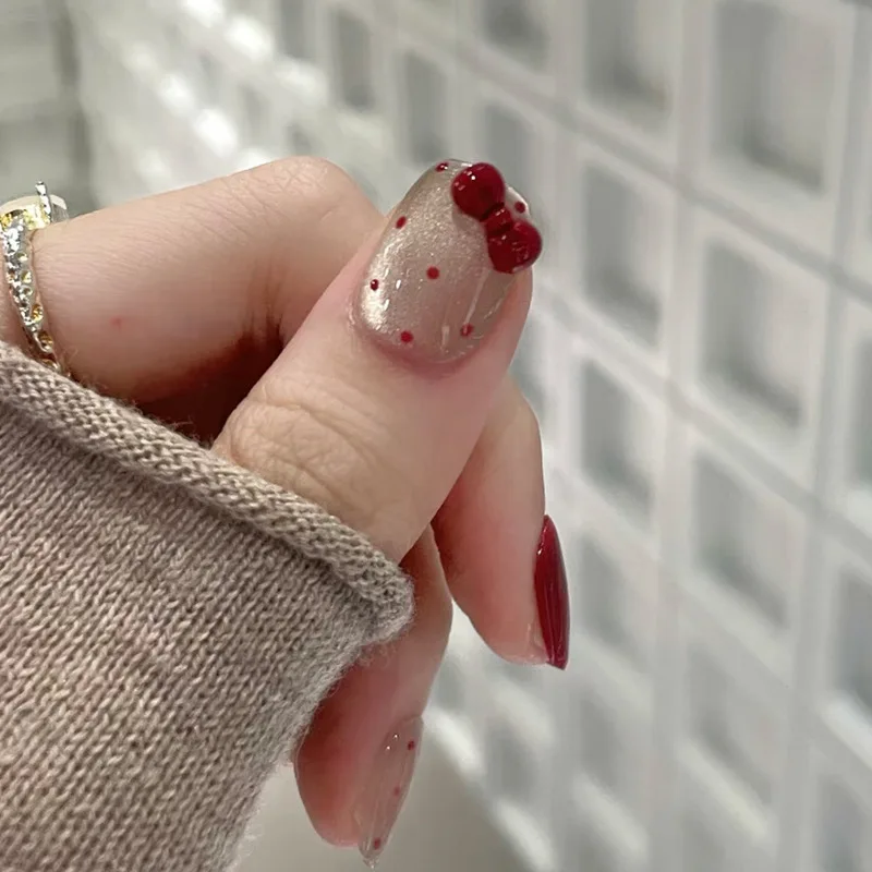 

24PCS Short Coffin Daily False Nails Wine Red Polka Dot Bow High End New Year Sweet Press on Nails Exquisite Wearable Fake Nails