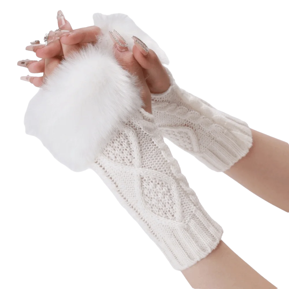 French Style Cable Knit Fingerless Arm Warmers Faux Fur Cuff Warm Half Finger Gloves Rhombus Pattern Soft Sleeve Cover Outdoor