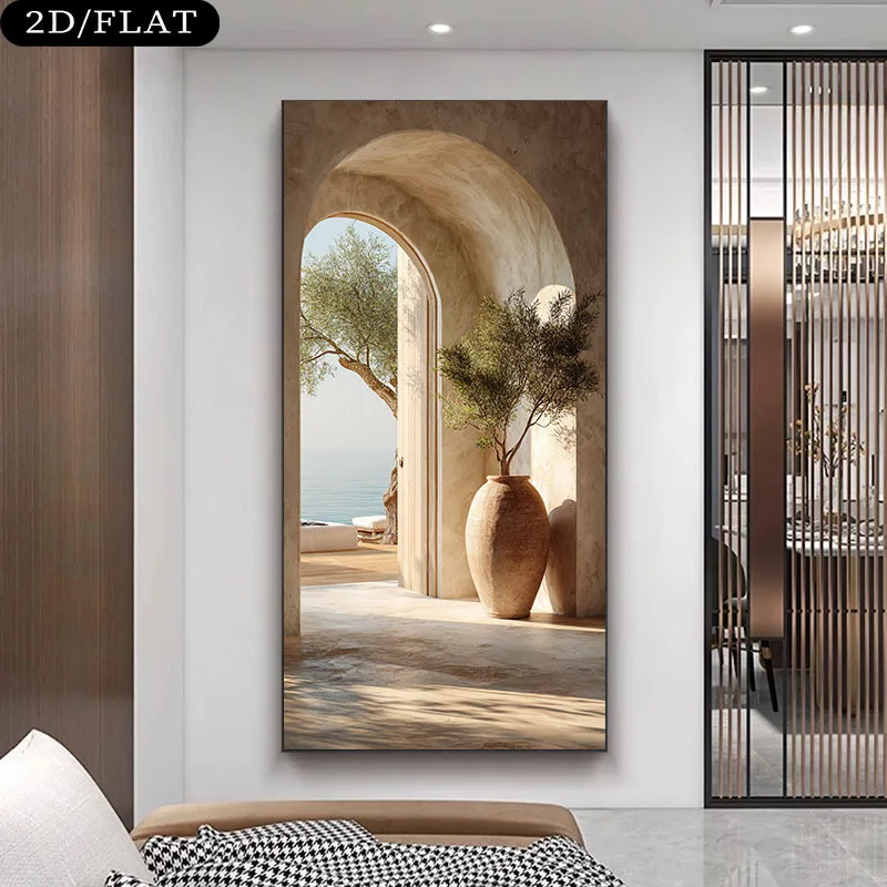 

Large Frameless Coastal Mediterranean Olive Tree Arch Canvas Print - Greek Island Inspired Beige & White Greek Vibe Wall Art