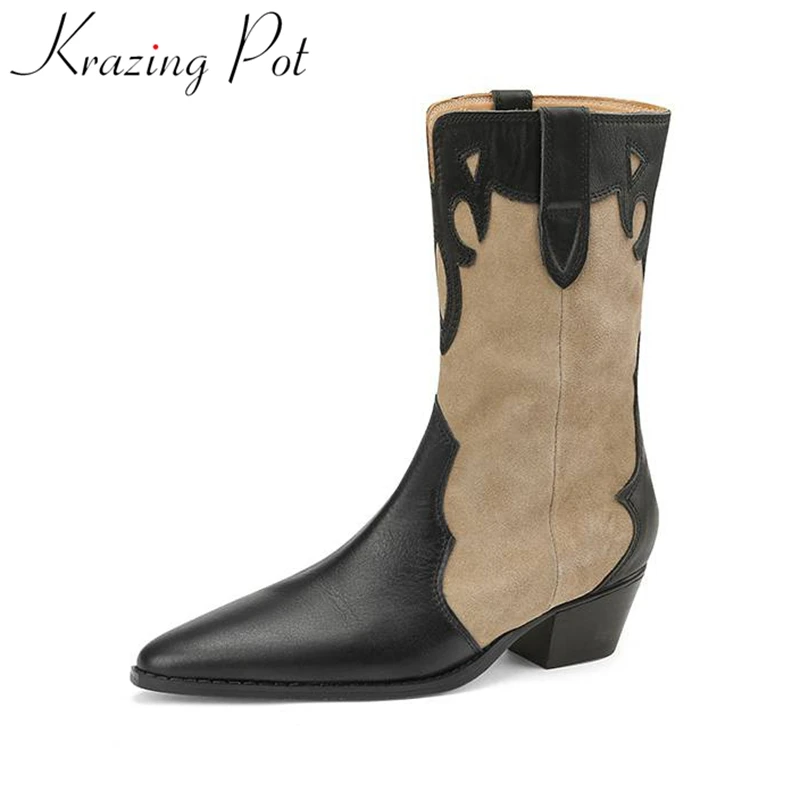 

Krazing Pot Cow Suede pointed Toe Thick med Heels Pattern stitching Winter modern Boots Model Wear Superstar Slip On ankle Boots