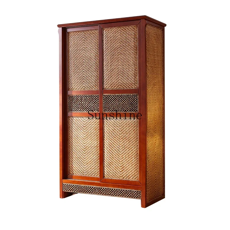 New Chinese solid wood wardrobe household double door sliding rattan wardrobe