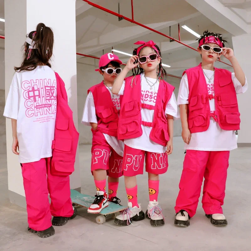 Summer Kids Hip Hop Clothing Rose Red Vest Shorts Girls Jazz Dance Costume Boys Street Dance Clothes Teenagers Group Kpop Outfit