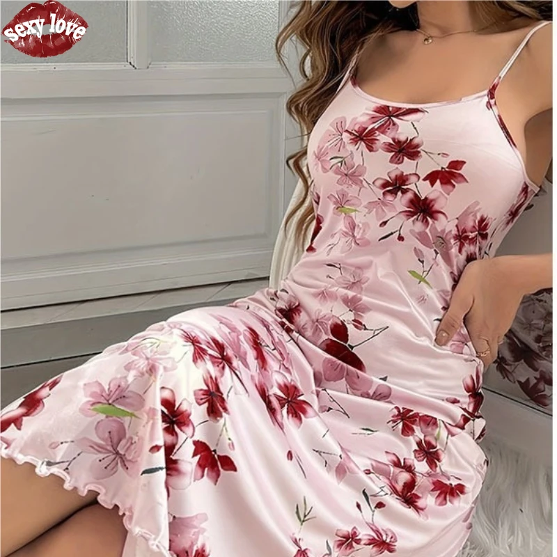 

New Sexy Women's Floral Printed Wooden Camisole Nightgown with Tight Fitting and Sexy Features Sexy Costume Women
