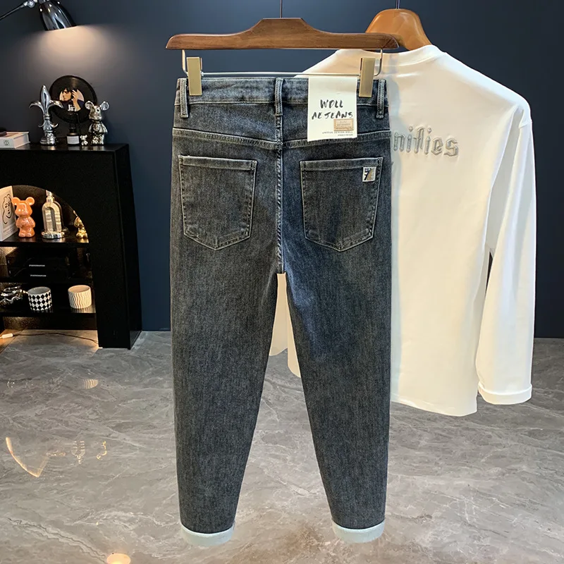 

Осень 2025 года, зауженные джинсы, мужской стиль, новинка 2025, модные брендовые эластичные мужские брюки высокого класса с прямыми штанинами, облегающие брюки с маленькими штанинами