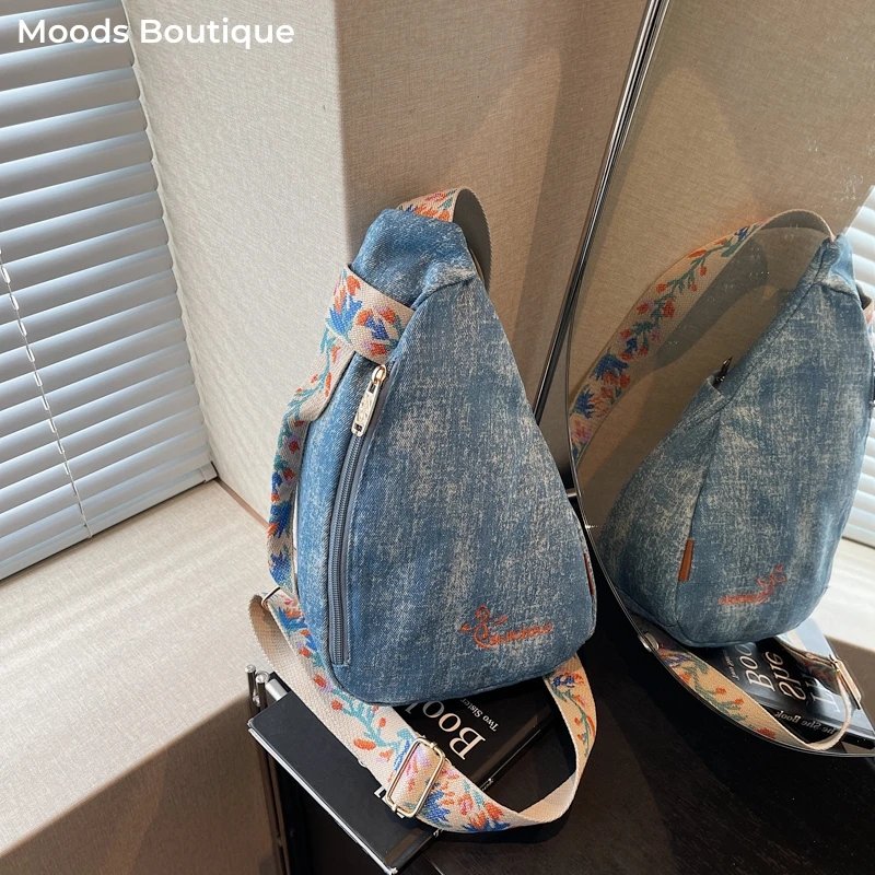 

Branded Women Chest Bags Denim Blue Shoulder Funny Pack With Floral Strap Casual Street Cross Body Bag Designer Handbags Luxury