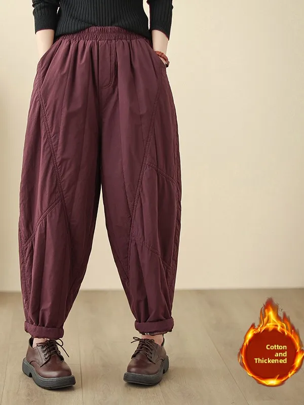Retro Harajuku Cotton Pants Women's Winter Thiened Warm Trousers Loose Elastic Waist Carrot-aped Casual Outerwear
