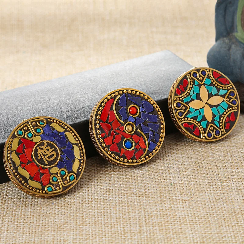 Nepalese Buddhist Handmade Flat Round 44mm Tibetan Brass Metal & Clay Loose Craft Beads for Jewelry Making DIY Necklace