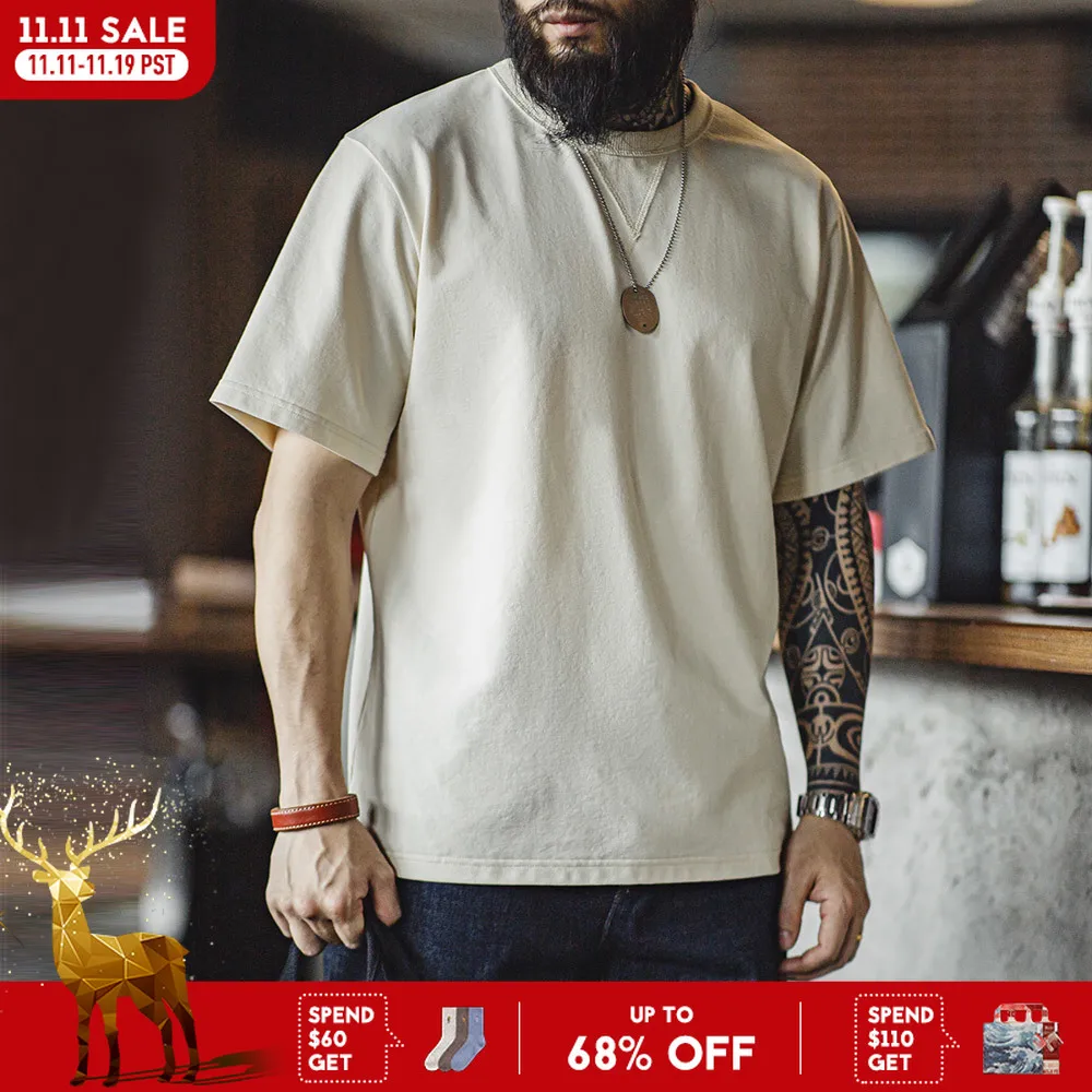 

Винтажная футболка Maden с короткими рукавами, двухконтактный однотонный свитшот с круглым вырезом и разрезом по подолу для мужчин, летняя футболка