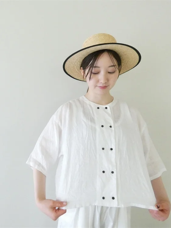 Japanese Style round Neck Linen Shirt Simple Water Color Women's Casual Breathable Short Sleeve Fashionable Straight Cut Shirt