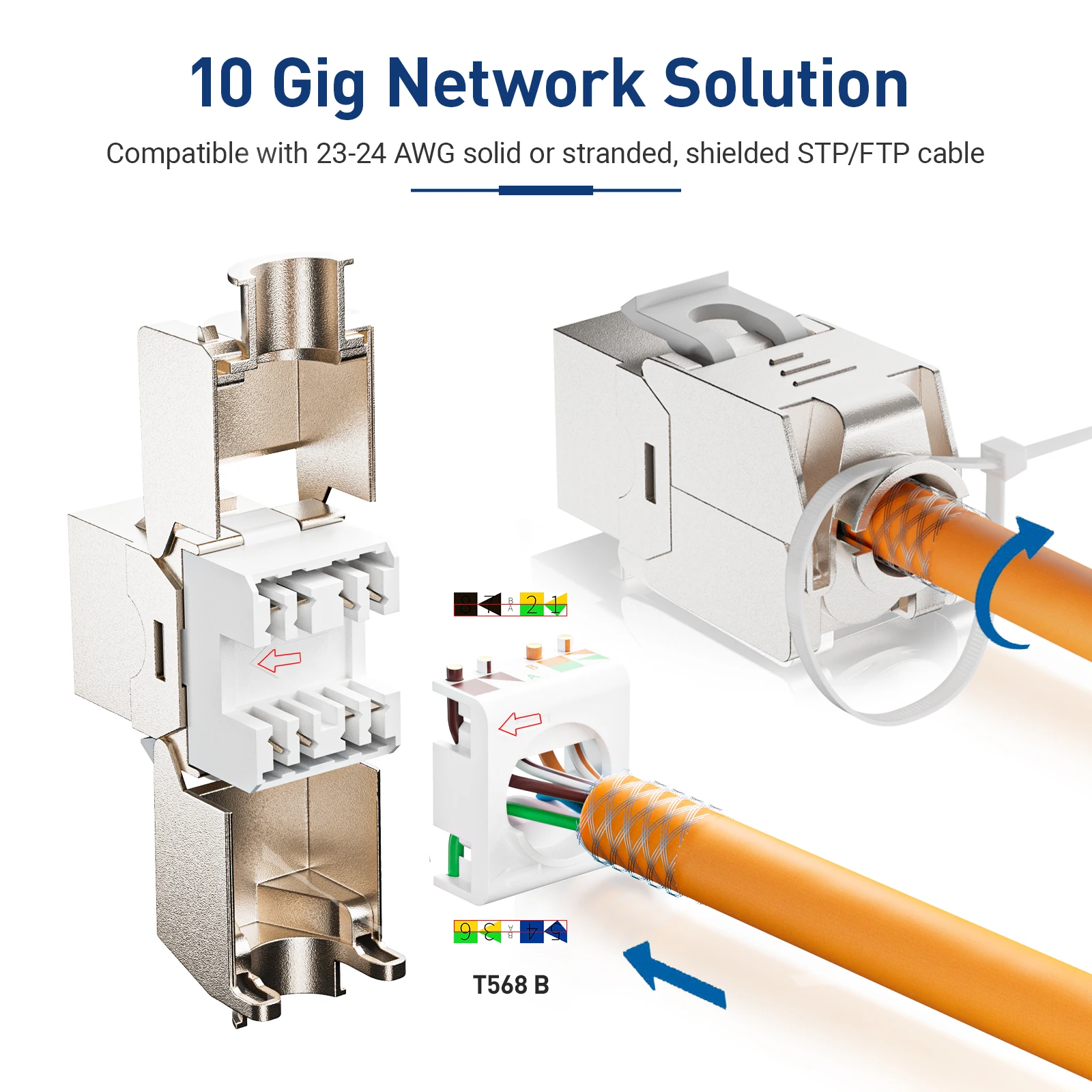 Zoerax 1-Pack Rj45 Afgeschermde Cat6a Cat7 Cat8 Keystone Jack, 180 Graden Gereedschaploze Zinklegering Behuizing Keystone Jack