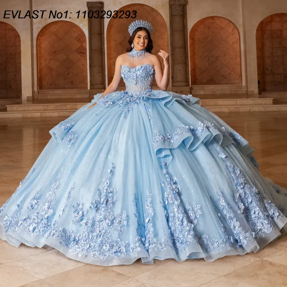 فستان Quinceanera باللون الأزرق الملكي اللامع مخصص من EVLAST فستان حفلة مزين بالزهور مشد حلو 16 فيستدوس دي 15 أنوس E1QN755 #3