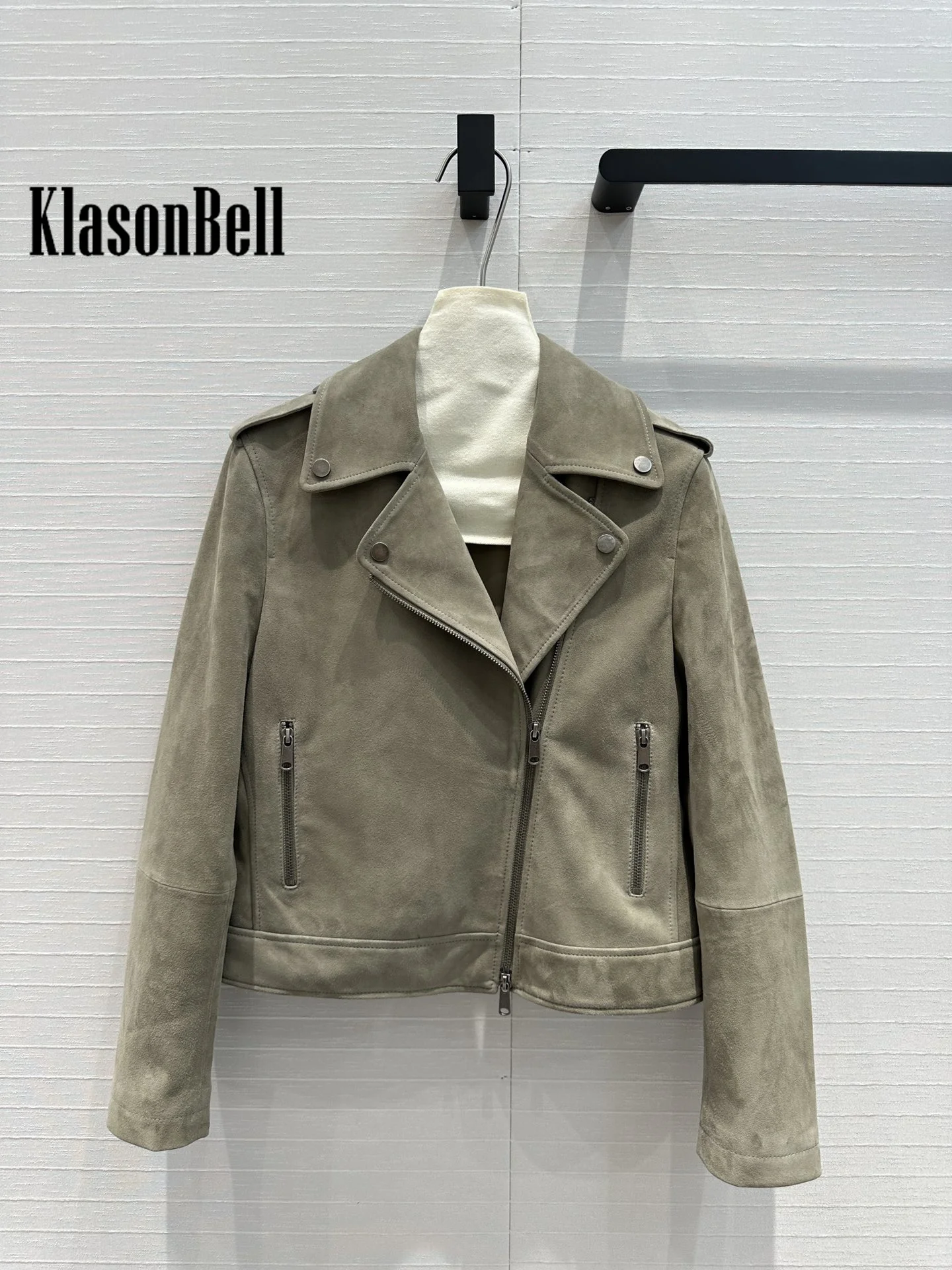 8.9 KlasonBell Luxury KId Suede Moto Biker Jacket For Women Beading Chain Lapel Collar Zipper Short Genuine Leather Coat