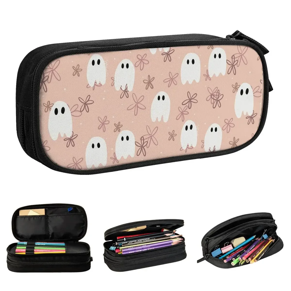 Pink Ghost Flower Pencil Case Halloween Cute Pen Holder Bags Girls Boys Large Storage Students School Gift Pencil Pouch