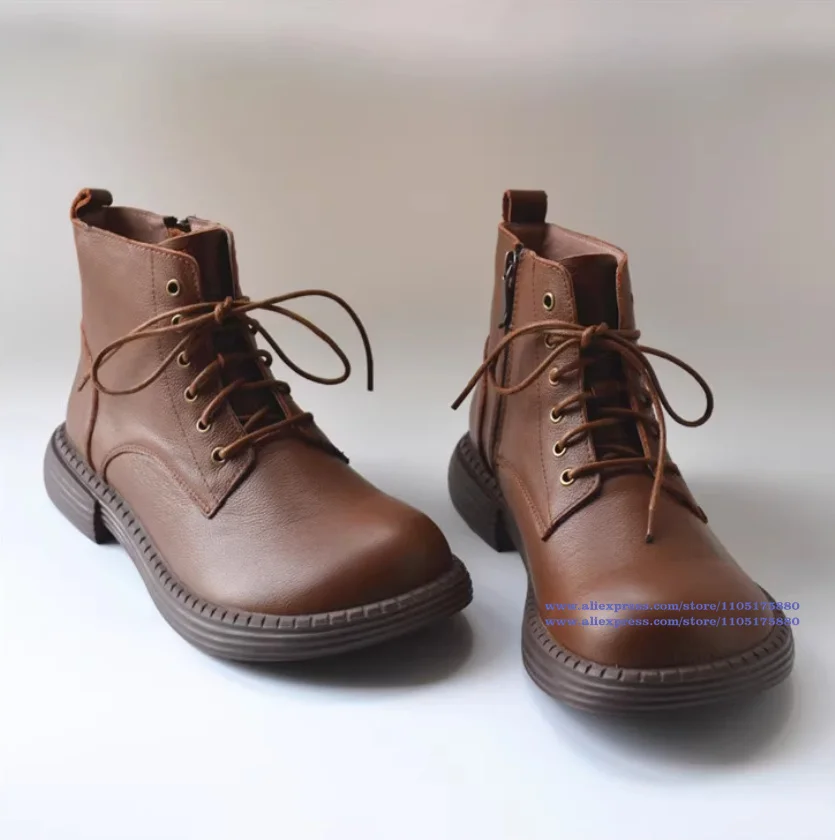 

Brown/black Cowhide Men's Boots High-Top Side Zipper Ankle Boots Lace Up Casual Shoes Wear-Resistant Booties Handmade Men Shoes