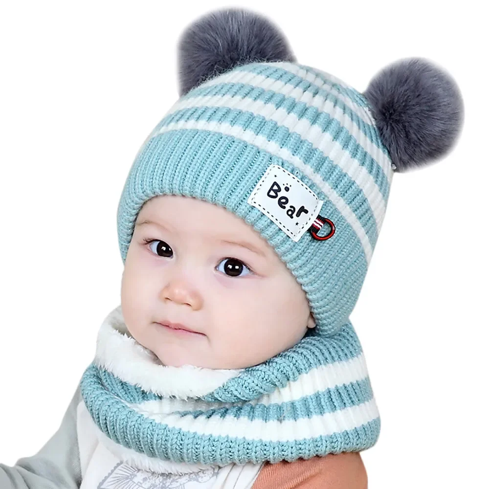 Cute Hat Scarf Set for 6 Momths To 2 Y Kids Beanie Striped Hair Bull Kids Boys Knitted Fur Hats Autumn Winter for Baby Boy Girl