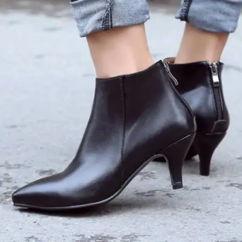 Pointed Toe Ankle Boots for Women Fashion Back Zippers Short Boots Female Slim Thin High Heels Black Apricot Rose Shoes Booties