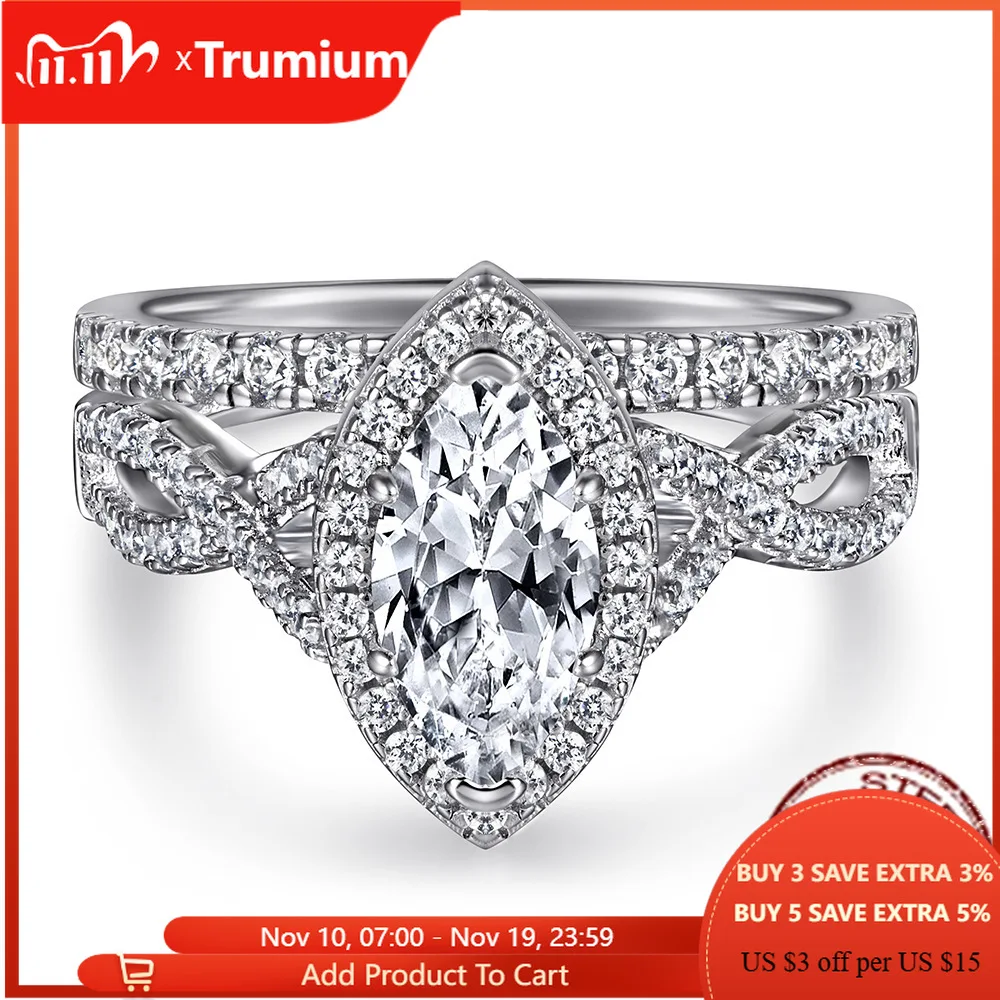 

Trumium 2pcs Pure 100% 925 Sterling Silver Marquise Rings For Women Zirconia Glitter Wedding Set Bride Luxury Jewelry