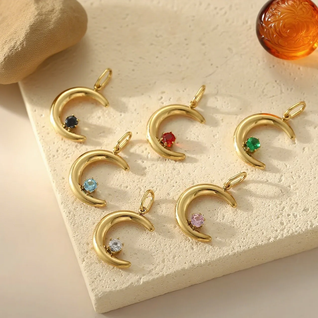 Hochwertiger DIY-Schmuck, Mond-Anhänger, Edelstahl, vergoldet, bunte Zirkon-Halskette und Ohrringe, modisches Geschenk für Frauen
