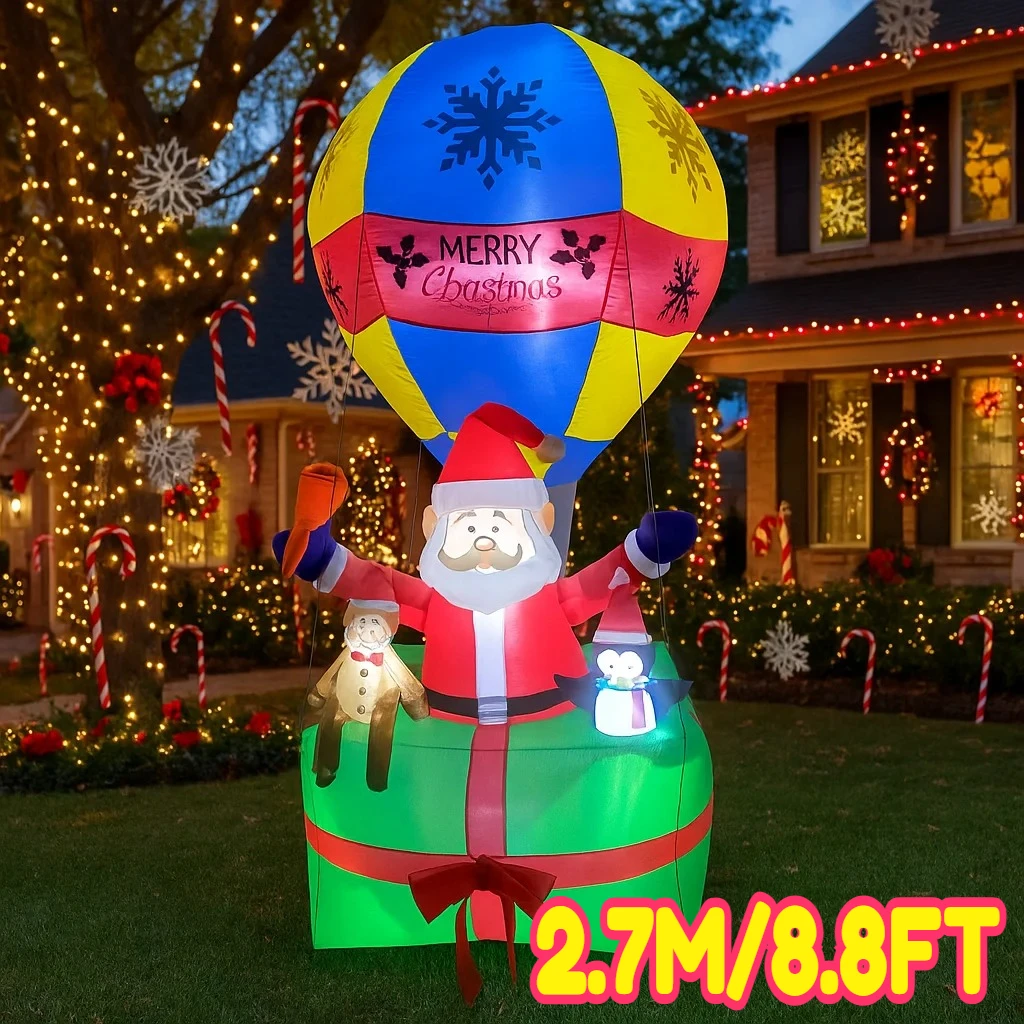 2.7M/8.8FT Inflatable Santa Claus Hot Air Balloon Gift Box Lights LED Home Holiday Lighting Decorations Yard Xmas Decor Supplies