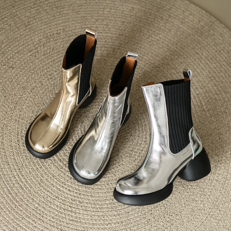 Silver Gold Short Women Boots Autumn Winter Round Toe Elastic Patchwork Patent Leather Shoes High Heel Ankle Boots for Woman