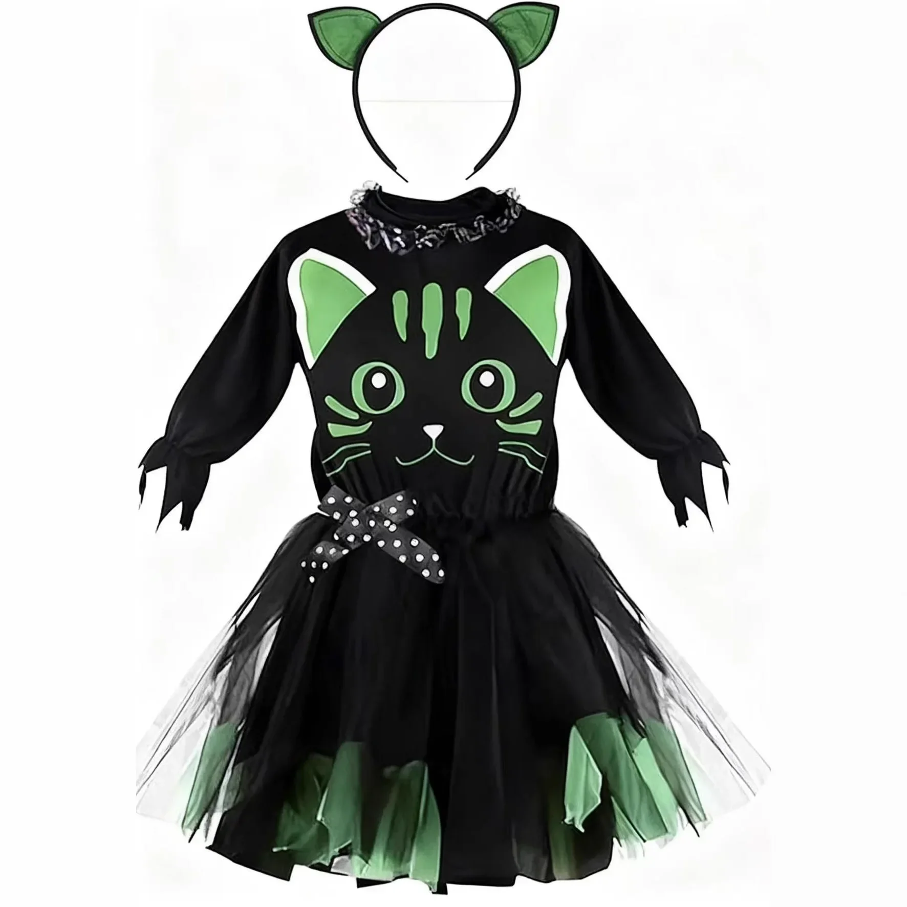 Kinder-Halloween-Kostüm für Mädchen, Katzen-Thema, Tutu-Outfit mit Katzenohren als Kopfaccessoire für Themenpartys, Karneval, Rollenspiele und Shows – Detail 10
